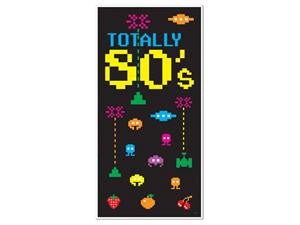 Black door cover featuring pixel art style 80s icons including "TOTALLY 80s" in yellow text, colorful aliens, pac-man style characters, space invaders, and retro arcade elements arranged vertically.