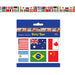 Blue packaging with yellow "Party Tape" text displaying six flag designs including USA, Australia, Canada, Argentina, Brazil, and China, labeled as containing 1-20 ft of decorative tape.