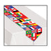 Colorful table runner featuring flags from countries around the world arranged in rows on a white tablecloth.