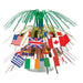 Cascading centerpiece decoration with green and gold tinsel strands topped with a clear base holding multiple international flag picks including USA, UK, Canada, China, Ireland, Italy, Greece, and Japan flags.