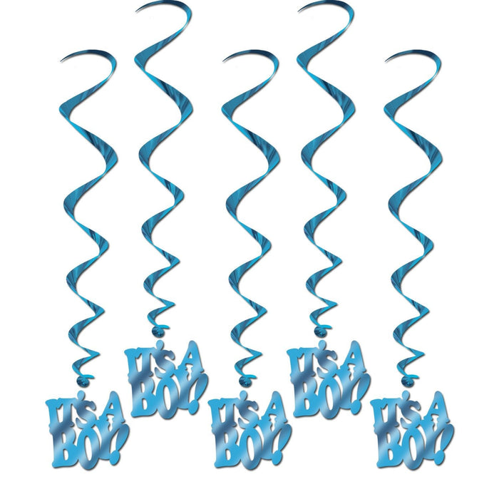Five blue spiral hanging decorations with "It's A Boy" text charms attached at the bottom.