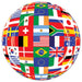 Spherical globe printed with colorful flags from countries around the world including Brazil, USA, Mexico, Japan, Germany, France, and others arranged in a patchwork pattern on a white background.