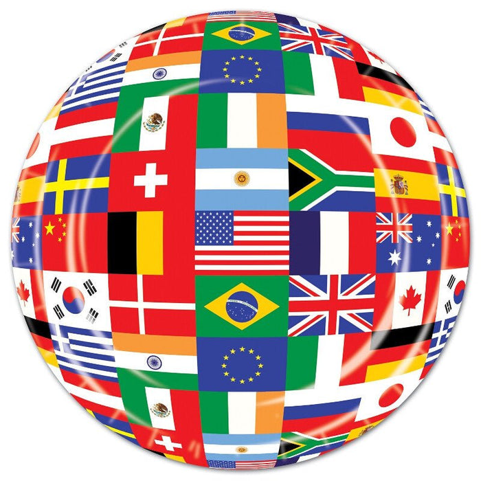 Spherical globe design featuring colorful flags from countries around the world including the United States, Brazil, Mexico, Japan, Germany, France, and many others arranged in a continuous pattern.
