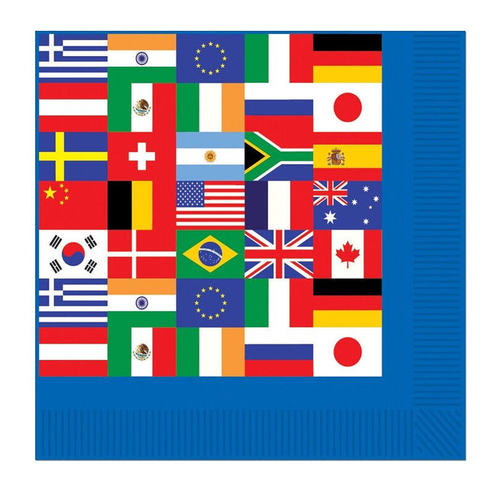 Stack of paper napkins featuring a grid of international flags from countries around the world on a blue background.