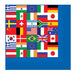 Stack of paper napkins featuring a grid of international flags from countries around the world on a blue background.