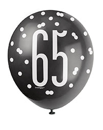 Black 12-inch 65th birthday latex balloon with white “65” print and dot accents; pack also includes gray and white balloons.