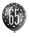 Black 12-inch 65th birthday latex balloon with white “65” print and dot accents; pack also includes gray and white balloons.