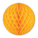 Golden yellow honeycomb tissue ball with a spherical shape and diamond-patterned surface design.