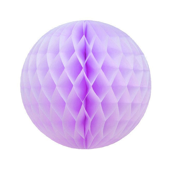 Lavender tissue paper honeycomb ball with diamond-pattern folds creating a three-dimensional spherical decoration.