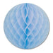 Light blue honeycomb tissue ball with a spherical shape and accordion-folded diamond pattern throughout.