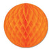 Orange honeycomb tissue ball with diamond-patterned accordion folds throughout its spherical shape.