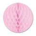 Pink honeycomb tissue ball with a spherical shape and accordion-style folded panels creating a dimensional diamond pattern throughout.