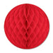 Red honeycomb tissue paper ball with a spherical shape and diamond-pattern folded design.