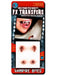 Red and black packaged Halloween FX transfers featuring vampire fangs and four wound bite designs in various sizes for special effects makeup.