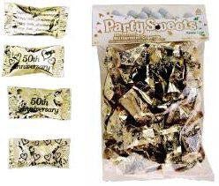 Gold and cream colored wrapped buttermint candies in a large bag with vintage-style "50th Anniversary" branding and imagery displayed with five individual candies shown above.