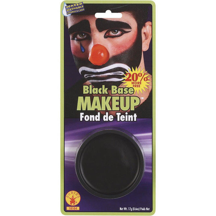 Black base makeup in a round black container shown on green and purple packaging featuring a clown face example and water-washable label.
