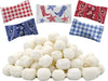 Pile of fifty white oval buttermint candies surrounded by five decorative fabric wraps featuring red gingham, blue gingham, red paisley, blue paisley, and white with red boots and stars patterns.