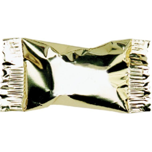 Gold foil-wrapped buttermint cream candy with gathered ends and ribbed side panels, shown against a white background.