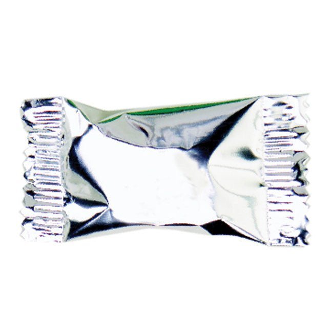 Silver foil-wrapped rectangular candy with pleated ends and white center visible through packaging.