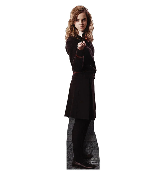 Life-size cardboard standup of a young woman with long reddish-brown wavy hair wearing a dark burgundy wizard robe with red trim over a gray knit sweater and black pants.