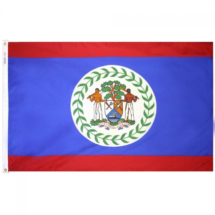 Belize flag featuring red horizontal stripes on top and bottom, a blue center band, and a white circular seal with green laurel wreath containing two men, a tree, and a shield with a sailing ship.