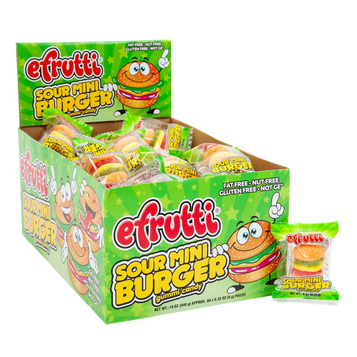 Efrutti Sour Mini Burger: novelty gummy candies shaped like little foods. Individually wrapped, 0.32 oz size.