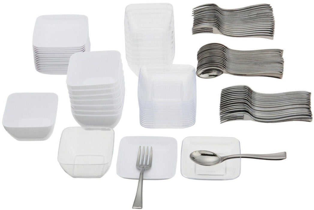 White square appetizer plates stacked in groups, silver forks and spoons arranged in rows, comprising a 96-piece disposable tableware set.