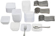 White square appetizer plates stacked in groups, silver forks and spoons arranged in rows, comprising a 96-piece disposable tableware set.