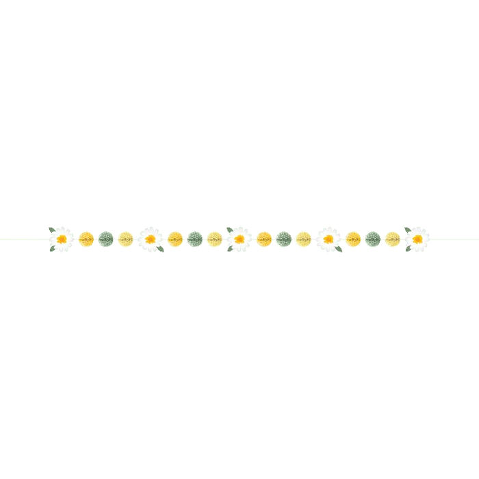 Decorative paper banner featuring a repeating pattern of yellow daisies alternating with green and yellow honeycomb circles, connected by a string and spanning eight feet.