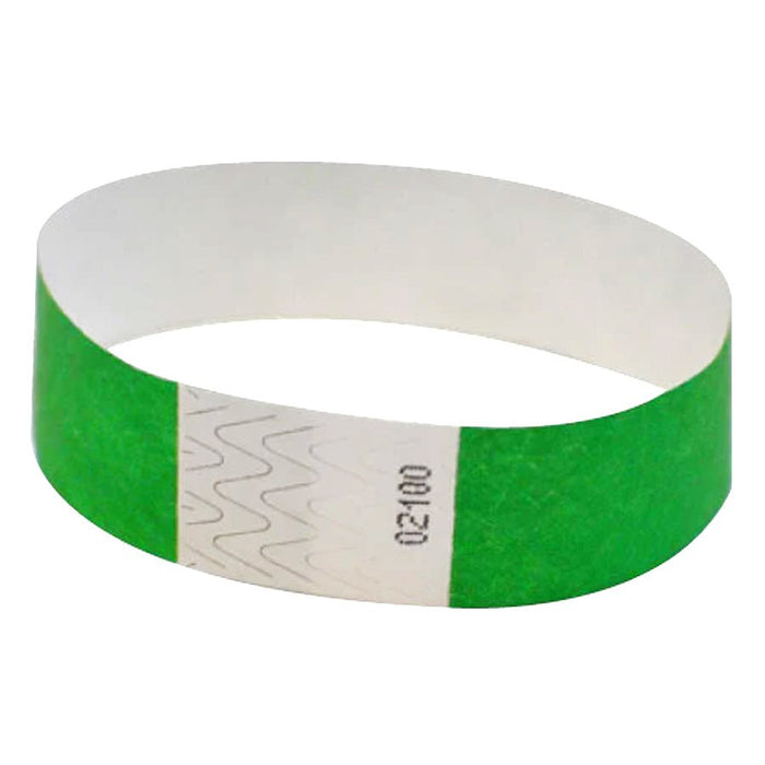 Green Tyvek wristband with white clasp panel featuring a wavy security pattern and printed text, shown as a single item loop against a white background.