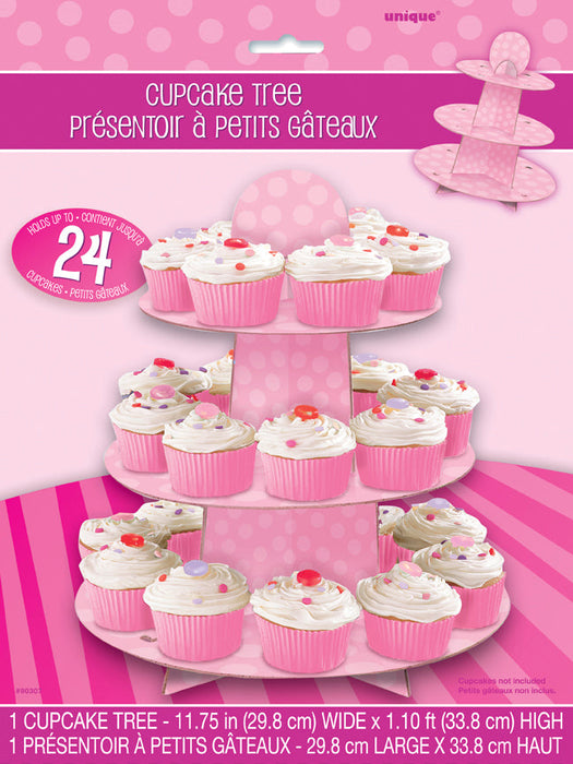 Pink polka dot cupcake stand package showing a three-tier cupcake tree holding up to 24 cupcakes with a bright pink party design.