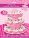 Pink polka dot cupcake stand package showing a three-tier cupcake tree holding up to 24 cupcakes with a bright pink party design.