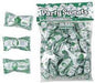 Large bag of green and white wrapped buttermint candies with individual pieces displayed to the left showing the Money design on each wrapper.
