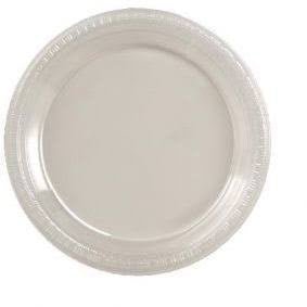 Clear plastic 9-inch luncheon plate with ridged rim design, shown from above against a white background.