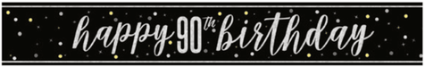Black banner with white and gold confetti design and white script text reading "happy 90th birthday" across the center.