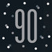 Black lunch napkins with large silver "90" numerals surrounded by scattered white and gray decorative circles, pack of 16.