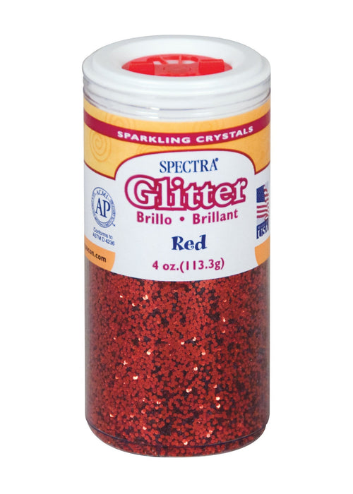 Spectra brand red sparkling glitter crystals in a 4 oz cylindrical container with a white lid and yellow and burgundy label.