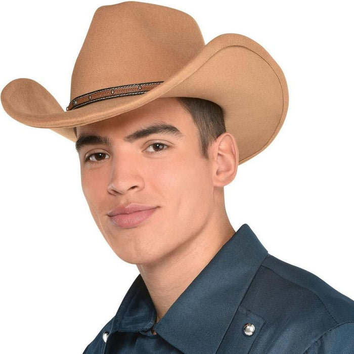 A man wearing a Tan Cowboy Hat with Faux Leather Trim.