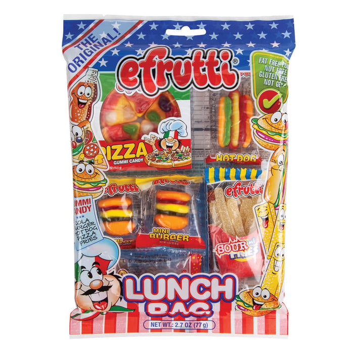 Efrutti Gummi: novelty gummy candies shaped like little foods. Sold in a 2.7 oz printed bag styled like a lunch sack, printed with the brand name and product.