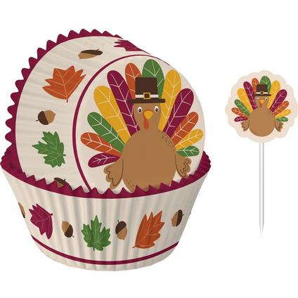 Gobble Turkey Thanksgiving Baking Cups & Cake Pick. Comes in a package of 24.