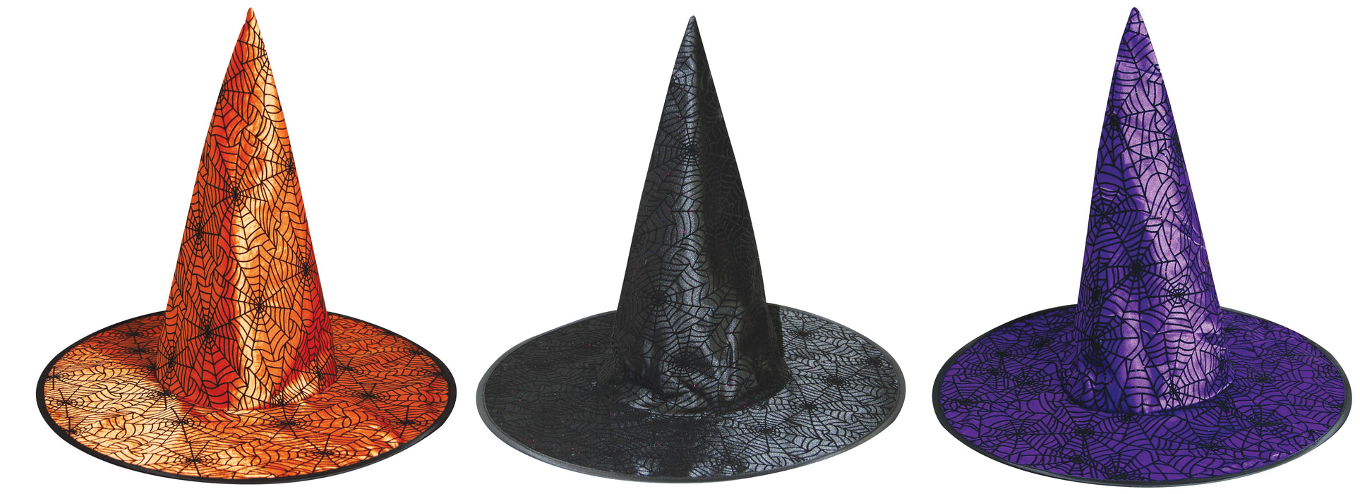 Full-length product photo of the Witch Hat with Spiderweb Pattern, shown against a plain white background. A Halloween decoration.