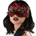 A women wearing a Adult Red & Black Ombre Feather Masquerade Mask.