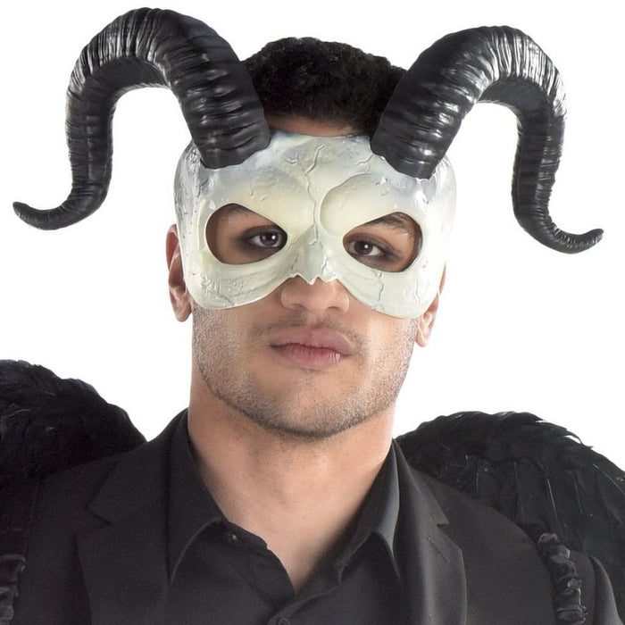 A man wearing a Adult Horned Ram Skull Plastic Half Mask.