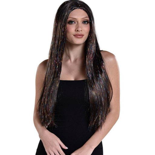 A women wearing a 30-inch Brunette & Iridescent Tinsel Long Straight Wig.