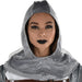 A women wearing an adult Metallic Silver Chainmail Hood.