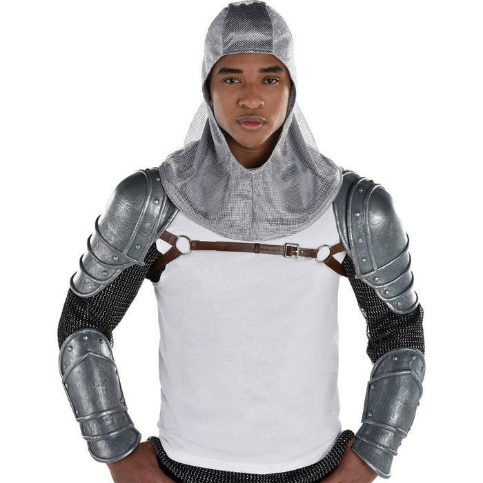 A man wearing a Warrior Bracers & Shoulder Armor Kit.