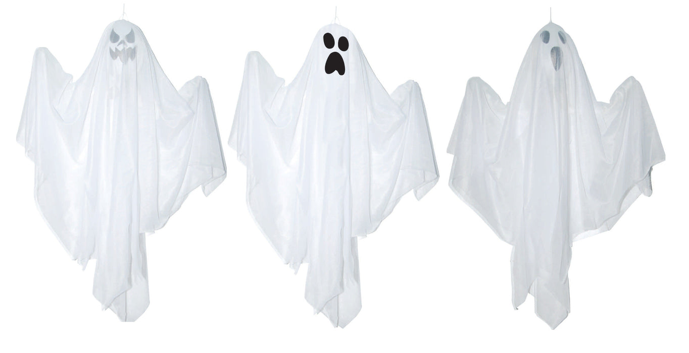 Full-length product photo of the 18" Hanging Ghost Assorted, shown against a plain white background. A Halloween decoration.