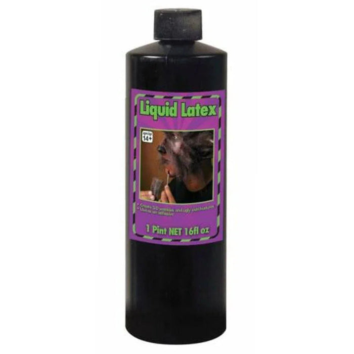 Black bottle with purple label reading "Liquid Latex" and containing 1 pint net 16 fl oz of black liquid latex for costume and special effects makeup.