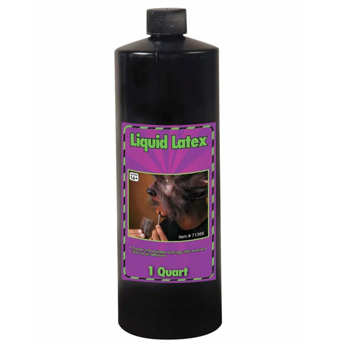 Black bottle with purple label featuring "Liquid Latex" text in green and an image of a man with theatrical makeup, labeled as 1 Quart size, item number 71366.