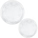 Showing two sizes of plates in the Dancing Snowflakes Clear Plastic Dinner Plates Multipack.